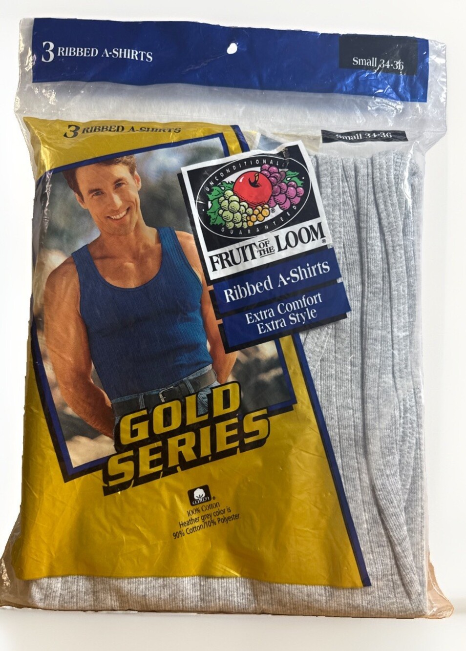 Vintage Fruit of the Loom Gold Series Ribbed A-Shirts 3 Pack S 34-36 NOS Gray